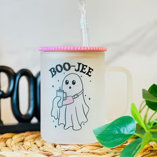 Boojee Ghost 17oz Hot Cold Frosted Glass Mug Spooky Cute Coffee Cup